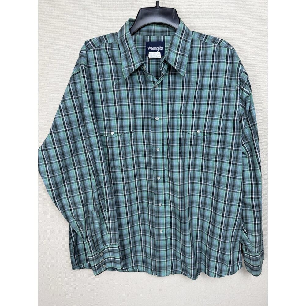 Wrangler Men's Long Sleeve Shirt Sz XL Pearl snap Western Cowboy Green Plaid